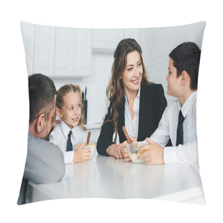 Personality  Family In Suits And School Uniform Having Breakfast In Kitchen Together Pillow Covers