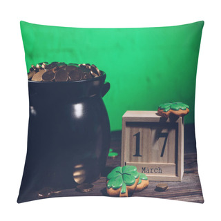 Personality  Calendar, Cookies In Shape Of Shamrock And Pot With Golden Coins On Wooden Table   Pillow Covers