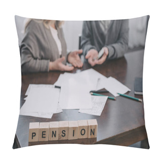 Personality  Selective Focus Of Word 'pension' Made Of Wooden Blocks With Senior Couple On Background Pillow Covers