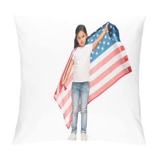 Personality  Cute Latin Kid In Denim Jeans Standing With American Flag Isolated On White  Pillow Covers