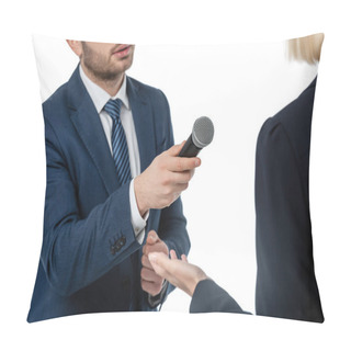 Personality  Cropped View Of Newscaster With Microphone Taking Interview From Businesswoman Isolated On White Pillow Covers