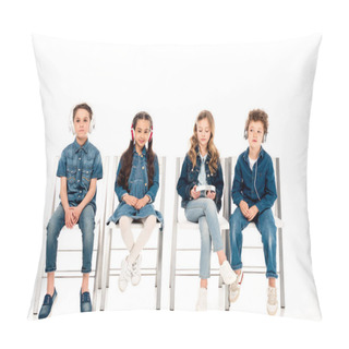 Personality  Four Kids In Denim Clothes Sitting On Chairs And Listening Music In Headphones On White Pillow Covers