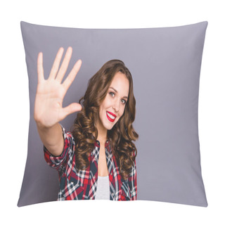 Personality  Close-up Portrait Of Nice-looking Cute Attractive Charming Pretty Cheerful Cheery Wavy-haired Lady Showing You High Five Good A-mark Isolated Over Gray Pastel Purple Background Pillow Covers
