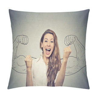 Personality  Happy Woman Exults Pumping Fists Ecstatic Celebrates Success  Pillow Covers