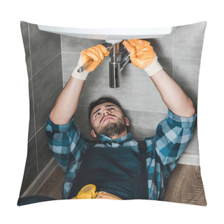 Personality  Bearded Repairman Fixing Water Damage With Adjustable Wrench In Bathroom  Pillow Covers