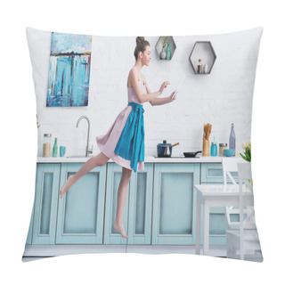 Personality  Young Happy Barefoot Woman Levitating In Air While Using Digital Tablet In Kitchen Pillow Covers