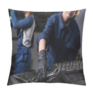Personality  Cropped View Of Mechanic Taking Wrench Near Blurred African American Colleague In Car Service  Pillow Covers