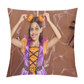 Personality  Funny Girl With Spiderweb Makeup Smiling And Holding Pumpkins Near Head On Brown Backdrop, Halloween Pillow Covers