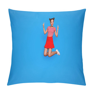 Personality  Full-length Full-size View Of Jumping Laughing And Pretty Woman Dressed In Colourful Bright Clothes Shows A V-sign Isolated On Red Background. Joy Fun Concept. Pillow Covers