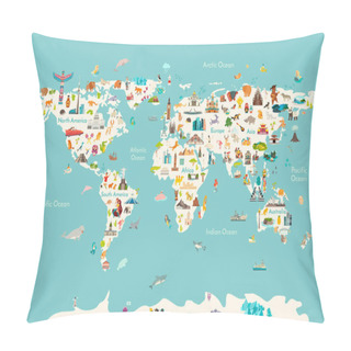 Personality  World Map Vector Illustration. Landmarks, Sight And Animals Hand Draw Icon. World Vector Poster For Children, Cute Illustrated. Travel Concept Card Pillow Covers