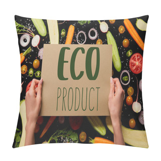 Personality  Cropped View Of Woman Holding Card With Eco Product Illustration On Vegetable Pattern Background Isolated On Black Pillow Covers