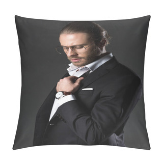 Personality  Handsome Elegant Man In Suit And Tie Bow Isolated On Grey Pillow Covers