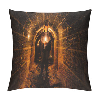 Personality  Urban Explorer With Candle In Old Vaulted Underground Tunnel. Pillow Covers