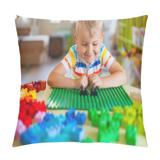 Personality  Little Blond Kid Boy Playing With Lots Of Colorful Plastic Block Pillow Covers
