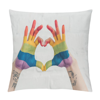Personality  Cropped Shot Of Hands Painted In Colors Of Pride Flag Showing Heart Gesture In Front Of White Brick Wall Pillow Covers