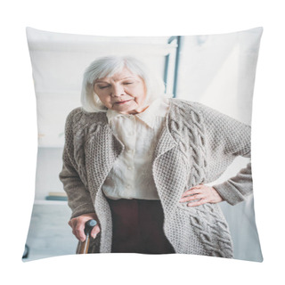 Personality  Portrait Of Grey Hair Lady Akimbo With Wooden Walking Stick Standing In Middle Of Room At Home Pillow Covers
