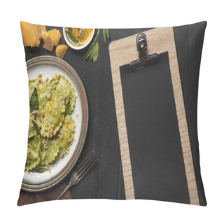 Personality  Top View Of Served Ravioli And Empty Black Menu Template Pillow Covers