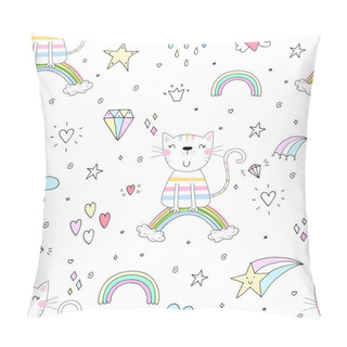 Personality  Hand Drawn Seamless Pattern With Cute Cat On A Rainbow, Doodle Illustration For Kids Vector Print Pillow Covers