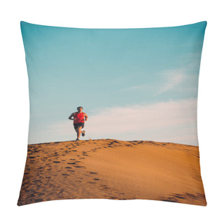 Personality  Running Man Athlete Silhouette Running Across Desert Dune Far Away In Sunset. Summer Day Warm Up Sport Training . Vertical Background Pillow Covers
