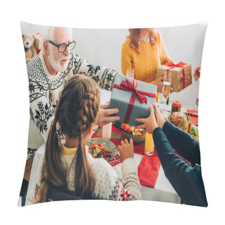 Personality  Grandfather Greeting Grandson With Gift Box Near Family Sitting At Festive Table Pillow Covers