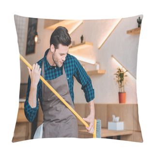 Personality  Man Having Fun With Broom In Cafe Pillow Covers