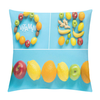 Personality  Top View Of Ripe Fruits And Word Vitamin On Blue Background, Collage Pillow Covers