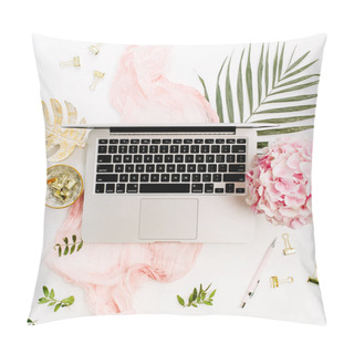 Personality  Modern Home Office Desk Workspace With Laptop, Pink Hydrangea Flowers Bouquet, Tropical Palm Leaf, Pastel Pink Blanket, Monstera Leaf Plate And Accessories On White Background. Flat Lay, Top View. Pillow Covers