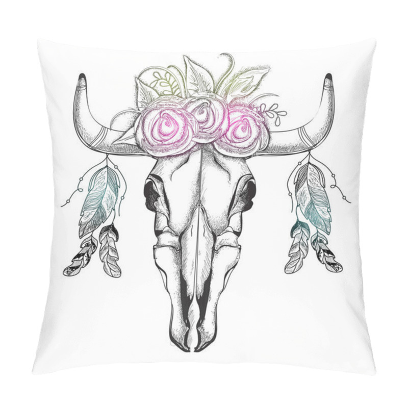 Personality  Hand Drawn Bull Head With Flower Wreath, Boho Style. Pillow Covers