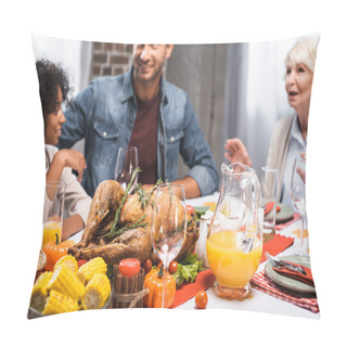 Personality  Selective Focus Of Multicultural Family Celebrating Thanksgiving Day At Table Served With Delicious Dinner Pillow Covers
