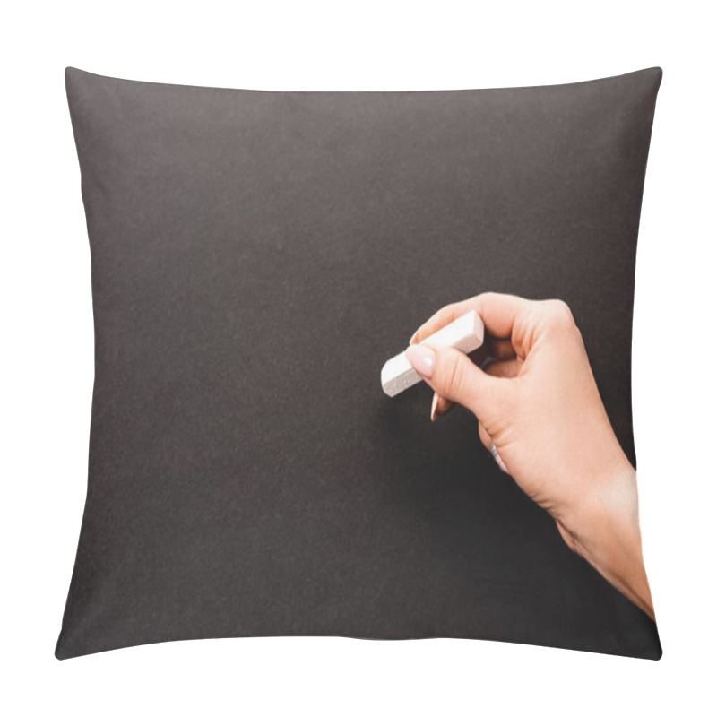 Personality  Cropped View Of Woman Holding Chalk Near On Empty Black Chalkboard Pillow Covers