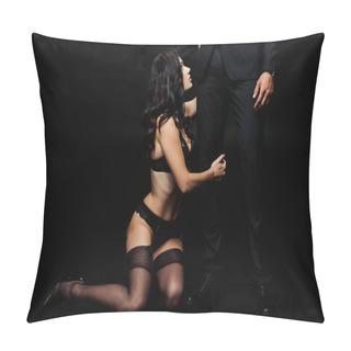 Personality  Seductive Woman In Underwear Sitting Near Man Isolated On Black  Pillow Covers