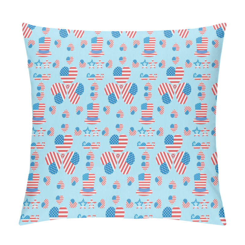 Personality  seamless background pattern with mustache, glasses, hats and hearts made of usa flags on blue  pillow covers