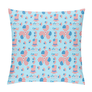 Personality  Seamless Background Pattern With Mustache, Glasses, Hats And Hearts Made Of Usa Flags On Blue  Pillow Covers