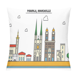 Personality  France, Marseille. City Skyline: Architecture, Buildings, Streets, Silhouette, Landscape, Panorama, Landmarks. Editable Strokes. Flat Design Line Vector Illustration Concept. Isolated Icons Set Pillow Covers