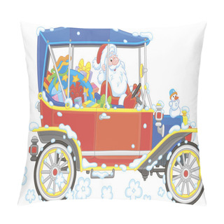 Personality  Santa Claus Driving His Car With Christmas Gifts, Vector Illustration In A Cartoon Style Pillow Covers