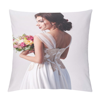 Personality  Woman In Wedding Dress With Flowers' Bouquet. Pillow Covers