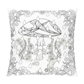 Personality  Squirrel With Nut Monochrome Pig Is Hiding Under Mushroom From The Rain In Flower Frame, Doodle Style Anti Stress Stock Vector Illustration Pillow Covers