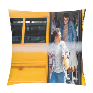 Personality  Group Of Teen Scholars Walking Out Of School Bus Pillow Covers