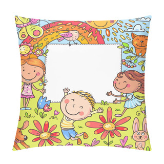 Personality  Cartoon Frame With Happy Kids And A Blank Space, Colorful Illustration Pillow Covers