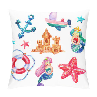 Personality  Cartoon Watercolor Set Of Watercolor Mermaid, Lifebuoy, Starfish, Boat, Anchor, Star Illustrations Isolated On White Background. Colorful Hand Drawn Vintage Illustration. Perfect For Kids Image Marine Style Pillow Covers