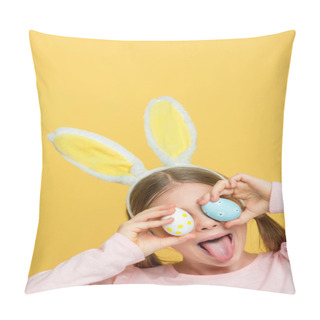Personality  Kid With Bunny Ears Sticking Out Tongue And Covering Eyes With Easter Eggs Isolated On Yellow  Pillow Covers