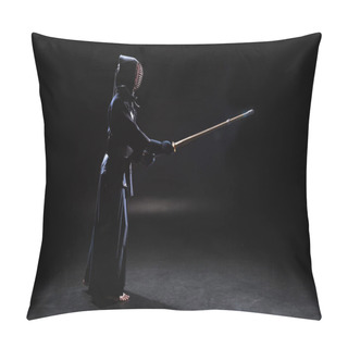 Personality  Side View Of Kendo Fighter In Armor Practicing With Bamboo Sword On Black Pillow Covers