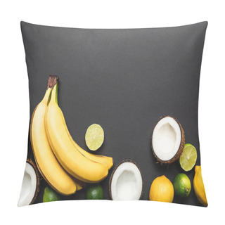 Personality  Top View Of Ripe Tropical Fruits On Black Background With Copy Space Pillow Covers