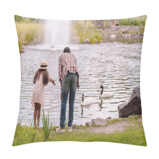 Personality  Granddaughter And Grandfather Feeding Geese  Pillow Covers