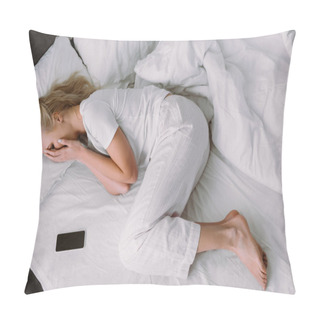 Personality  Woman Covering Face And Crying While Lying Near Smartphone With Blank Screen In Bed At Home Pillow Covers