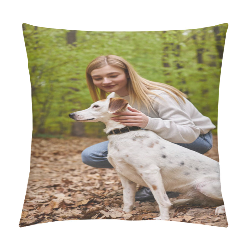 Personality  Side View Of Smiling Woman Petting With Her Looking At Direction While Hiking Rest With Forest View Pillow Covers