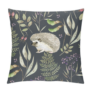 Personality  Pattern With Watercolor Botanical Illustrations And Forest Animal Hedgehog On Dark Background, Plants Hand Painted Pillow Covers