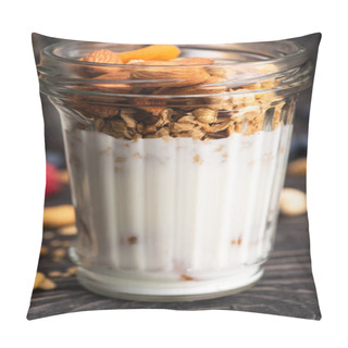 Personality  Closeup Of Delicious Granola With Dried Apricots, Nuts And Yogurt In Glass Cup Pillow Covers