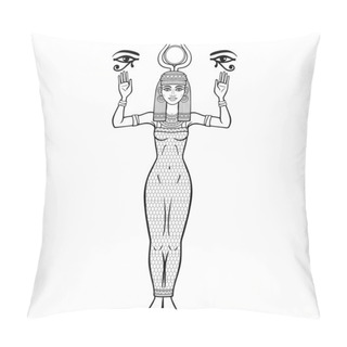 Personality  Animation Portrait: Egyptian Goddess Isis With Horns And A Disk Of Sun On The Head Holds Sacred Symbols Of The Eye Horus. Full Growth. Vector Illustration Isolated On A White Background. Pillow Covers