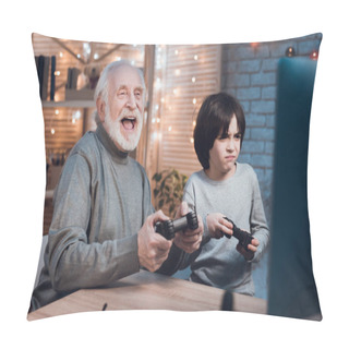 Personality  Grandfather And Grandson Playing Video Games At Home Pillow Covers